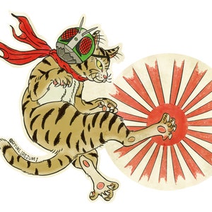 May include: A cartoon illustration of a tabby cat wearing a green and black helmet with a red scarf, kicking a red and white Japanese rising sun flag.