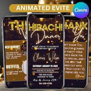 Hibachi Invitation, Animated Birthday Dinner Party Invite, Gold Japanese Restaurant Evite, Self Editable DIY Itinerary eCard, Canva Editable