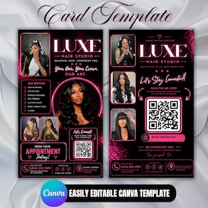 May include: A black and pink digital flyer template for Luxe Hair Studio featuring multiple photos of individuals with styled hair, service lists, QR codes for booking, contact information, and the text Luxe Hair Studio, Your Hair, Your Crown, Our Art.