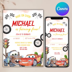 Car birthday invitation, car birthday party invitation, cars mcqueen Invitation, Lightning Mcqueen Birthday Invitation, car, Canva Editable
