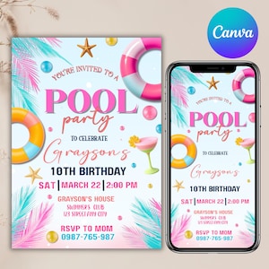 Pool Invitation, Pool Party Birthday Invitation, Neon Glow Invitation, Tropical tie dye, Swimming Pool Party, Canva Editable