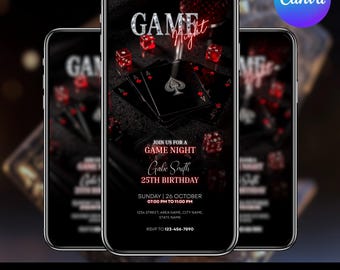 Digital Birthday Game Night Invitation, Animated Red Black Poker Night Party Evite, Casino Game Night Flyer, Text DIY, Instant Download