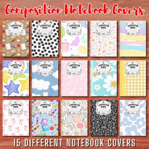 15 portadas para cuadernos de composición, plantillas editables para portadas de cuadernos, diseños de Canva para cuadernos de composición, descarga instantánea de texto DIY.