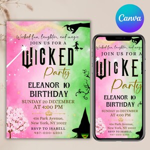 Könnte beinhalten: Eine digitale Einladung in Pink und Grün für eine "Wicked"-Mottoparty. Die Einladung zeigt eine Silhouette einer Hexe, einen Zauberstab und den Text "Wicked Party, Eleanor 10 Birthday, Sunday 20 December at 4:00 PM, 456 Park Avenue, New York, NY 10022, RSVP to Isabell, 987-000-6505".