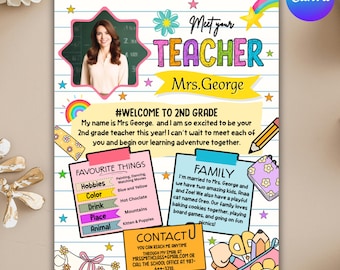 Meet the Teacher Classroom Printable, Teacher Introduction, Back To School Teacher Intro Classroom, Open House Handout, Canva Editable