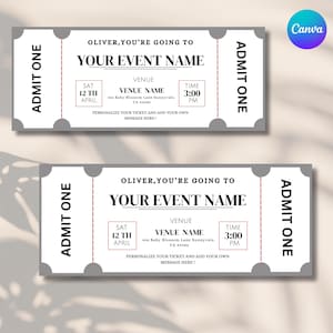 Può includere: Un modello di biglietto stampabile con sfondo grigio e testo bianco. Il testo dice "Oliver, you're going to your event name" e include la data, l'ora, il luogo e l'indirizzo. Il biglietto dice "Admit One" sui lati sinistro e destro.
