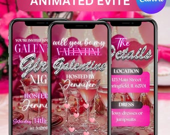 Convite para noite das meninas da Galentine, coquetéis de dia dos namorados Convite para noite das meninas, modelo digital para festa das meninas rosa, Canva editável