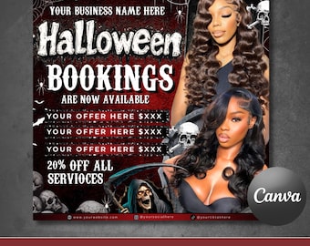 Bokningsflyer för Halloween, flygblad för läskig säsong, flygblad för skönhetssalong, marknadsföring av teknik för hårstylist, fransar och naglar, gör-det-själv-in-canva