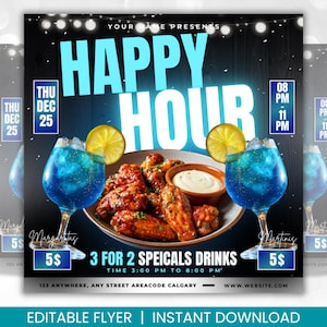 May include: A promotional flyer for a Happy Hour event. The design features the text "HAPPY HOUR" in large, light blue letters. It includes images of cocktails, chicken wings, and the text "3 FOR 2 SPECIALS DRINKS".