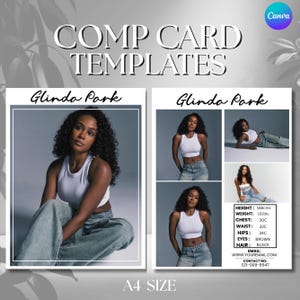 May include: A comp card template featuring a model named Glinda Park. The card includes multiple photos of the model in a white top and jeans, along with her measurements: 188cms height, 102lbs weight, 30C chest, 32C waist, and 34C hips. The card is A4 size.