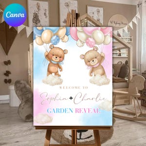 Può includere: Un cartello per il gender reveal con orsetti e palloncini. Gli orsetti sono su nuvole, con uno sfondo blu e rosa. Il testo recita "Benvenuti a Sophia + Charlie Garden Reveal."