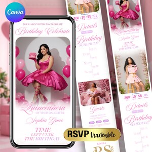 May include: A smartphone screen shows a pink Quinceañera invitation. The design features a woman in a pink dress holding a cake, with text that reads "Birthday Celebrate" and "Sophia Grace." Additional screens show event details.