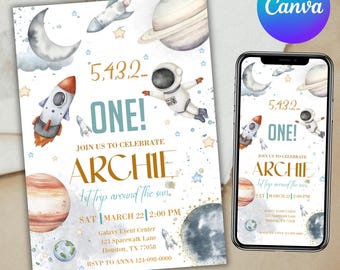 May include: A blue and white astronaut with a rocket ship and planets on a white background. The text "5,43,2... ONE! JOIN US TO CELEBRATE ARCHIE 1st trip around the sun SAT MARCH 22| 2:00 PM Galaxy Event Center 123 Spacewalk Lane Houston, TX 77058 RSVP TO ANNA 124-098-0000" is printed on the invitation.