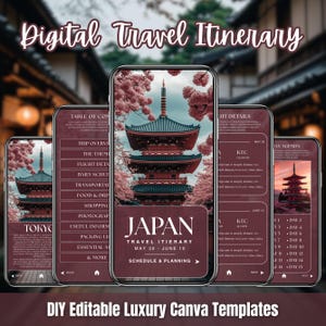 Könnte beinhalten: Digitale Reiseplan-Vorlagen für Japan, angezeigt auf Smartphones. Die Bildschirme zeigen eine japanische Pagode, Kirschblüten und Reisedetails. Der Text enthält "Tokyo", "Japan" und "Schedule & Planning".