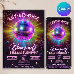 Editable Disco Party Invitation, Neon Printable Dance Party Girl, party invitation, Disco Dance Party, Canva Editable