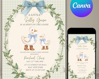 Plantilla de invitación para baby shower de Silly Goose, invitación de baby shower de cuadros verdes, invitación digital editable en Canva, descarga instantánea