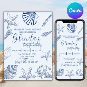 Puede incluir: Una invitación de cumpleaños azul claro con ilustraciones de conchas marinas y el texto "Please join our birthday beach bash for Glinda's thirtieth birthday." La invitación incluye fecha, hora y lugar.