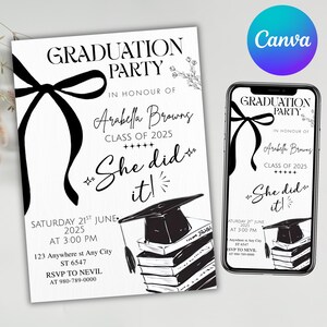 Black Bow Graduation Party Invitation, Graduation Announcement Template, Minimalist Graduation Invite, Grad Party Invite, Canva Editable