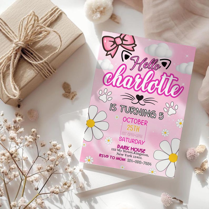 Cute Kitty Birthday Invitation, Kitty Birthday Invitation, Kitty Digital Birthday Invitation, Pink Kitty Birthday Theme, DIY In canva