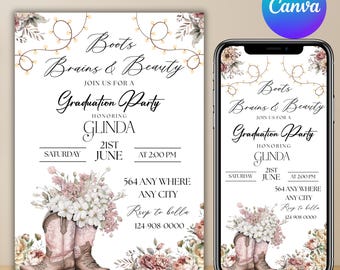 Girl Western Invitation For Graduation- Country Graduation Party- Pink Graduation- Floral Grad Invite, Canva Editable