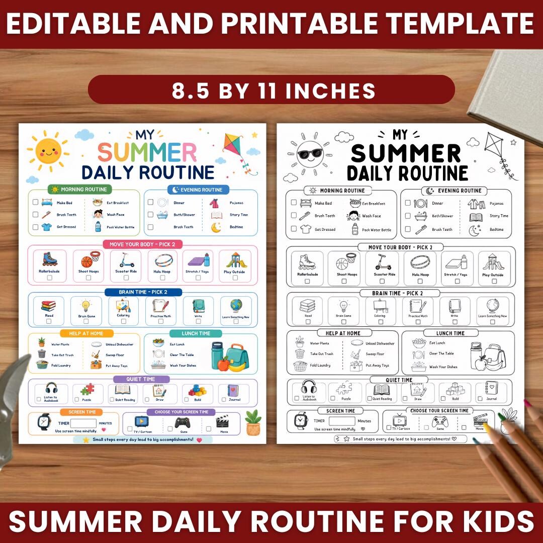 Daily Routine Example Summer Editable Summer Daily Routine for Kids, Printable Summer Chore Chart ...