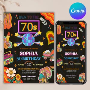 Editable 70s Birthday Party Invitation back to the 70s Neon party glow dance disco 70s birthday, Canva Editable