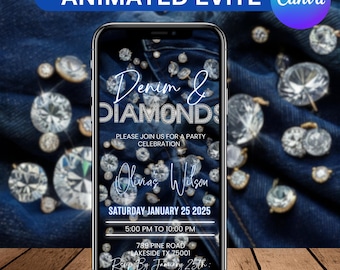 Digital Denim & Diamonds Invitation, Animated Birthday Dinner Party Invite, Cowgirl Denim Event Evite, Ecard, Canva Editable