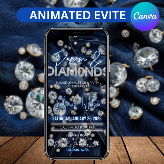 Digital Denim & Diamonds Invitation, Animated Birthday Dinner Party Invite, Cowgirl Denim Event Evite, Ecard, Canva Editable