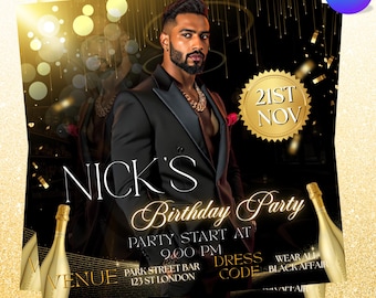 Black and Gold Birthday Invitation, Digital Party Flyer Template, Men's Video Invite, Editable Canva Birthday Invitation, Instant Download