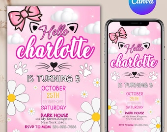 Cute Kitty Birthday Invitation, Kitty Birthday Invitation, Kitty Digital Birthday Invitation, Pink Kitty Birthday Theme, DIY In canva