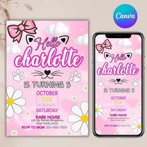 Cute Kitty Birthday Invitation, Kitty Birthday Invitation, Kitty Digital Birthday Invitation, Pink Kitty Birthday Theme, DIY In canva