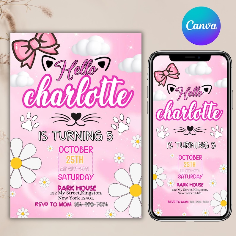 Cute Kitty Birthday Invitation, Kitty Birthday Invitation, Kitty Digital Birthday Invitation, Pink Kitty Birthday Theme, DIY In canva