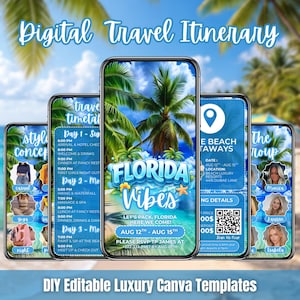 Könnte beinhalten: Eine digitale Reiseplanvorlage, die auf fünf Smartphones angezeigt wird. Die Bildschirme zeigen ein Florida-Thema mit Palmen, den Worten "Florida Vibes" und Veranstaltungsdetails. Die Vorlage ist zur einfachen Anpassung konzipiert.