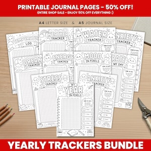 年間トラッカーバンドル（印刷可能）、デジタルプランナーページ、A4/A5サイズ習慣トラッカーバンドル、ジャーナルページ、年間プランナー挿入物、即時ダウンロード