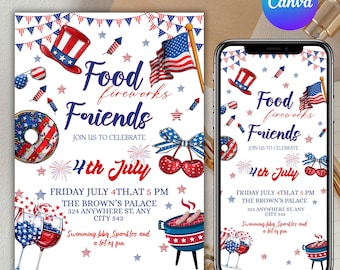 4. Juli BBQ-Einladung, Party in den USA einladen, Juli Vierter Food Friend und Feuerwerk, Unabhängigkeitstag BBQ Barbeque einladen, Canva Editable