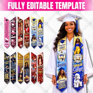 Può includere: Una collezione di stole per la laurea con vari disegni e testo, tra cui nomi, anni di laurea e messaggi ispiratori. Le stole presentano immagini di laureati e loghi scolastici.