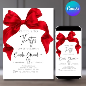 Puede incluir: Una tarjeta de invitación blanca con un gran lazo rojo y el texto "CHEER'S TO Thirty". La invitación incluye detalles para una celebración, incluyendo el nombre "Camila Edward", fecha, hora y lugar.