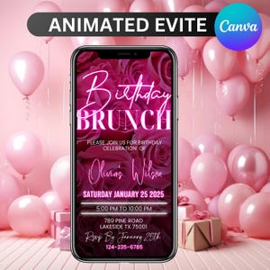 Faire-part d'anniversaire numérique pour le brunch, message téléphonique floral rose pour elle, invitation animée pour tous les âges, auto-carte électronique, éditable sur toile
