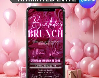 Digital Birthday Brunch Party Invitation, Pink Floral Phone Message Evite For Her, Animated Invite For Any Age, Self Ecard, Canva Editable