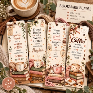 Puede incluir: Un conjunto de cuatro marcapáginas rectangulares de papel con ilustraciones de café y libros y textos como Good books and a warm coffee make everything brighter. Cada marcapáginas tiene una borla y mide aproximadamente 5 por 15 cm.