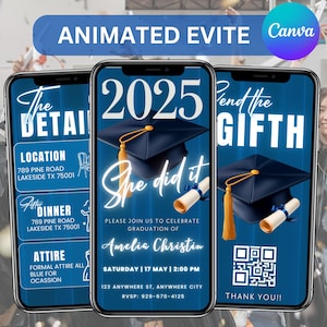 Graduation Invitation Animated Blu, She Did It Invitation, Digital Graduation Party Invitation, Class of  eCard, Canva Editable