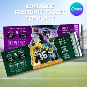 May include: An editable football ticket template with a green and purple design. The ticket features text such as "Iron Titans vs Steel Hawks" and "Nitro Wolves vs Vortex Vipers". The ticket also includes a football player image and the text "Sport Stadium Marry Street Fine Land".