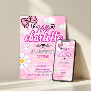 Cute Kitty Birthday Invitation, Kitty Birthday Invitation, Kitty Digital Birthday Invitation, Pink Kitty Birthday Theme, DIY In canva