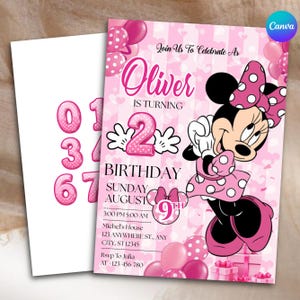 May include: A pink birthday invitation card featuring Minnie Mouse, polka dot balloons, and the text: Join Us to Celebrate As Oliver is turning 2 Birthday Sunday August 9th, 3:00 PM 5:00 AM, Michel's House, 123 Anywhere St., Any City, ST 12345.