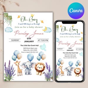 Editable Safari Baby Shower Invitation Template Oh Baby Jungle Invite Gender Neutral Safari Animals Party. Canva Editable