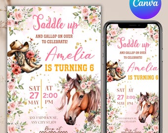 Horse Birthday Invitation, Cowgirl Invite, Horse Birthday, Horse Invite, Cowgirl Party, Pink Floral Birthday Invitation, Canva Editable
