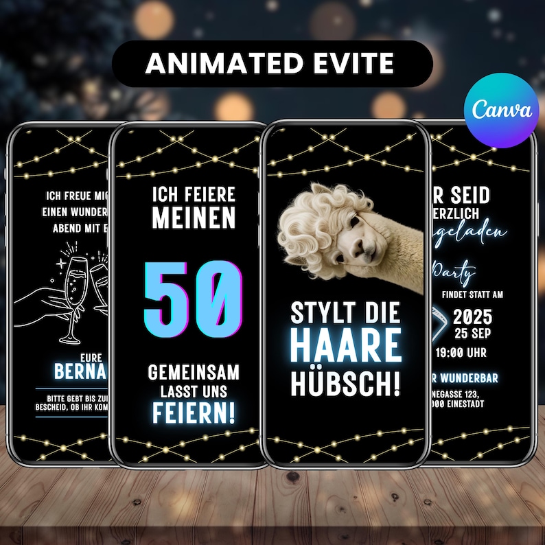 Lustige animierte Geburtstagseinladung, Alpaka Video Einladung, digitale WhatsApp eCard, Canva Vorlage, editierbar, Sofort Download