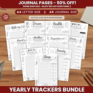 May include: A selection of black and white journal pages featuring trackers for Dream, Health, and Mood. Available in A4 and A5 sizes, with dotted and plain backgrounds. Text includes "Yearly Trackers Bundle" and "Journal Pages - 50% Off!"