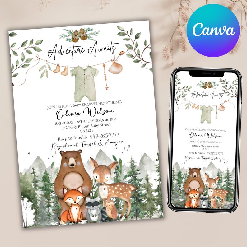 Woodland Baby Shower Invitation, Woodland Animals Baby Shower Invitation, Woodland Theme Invites, Woodland animal's invitation, EDITABLE Gender-Neutral Woodland animal's invitations, Template Set, Forest Mountain Baby Shower Invite, Forest Baby shower, Editable Let the Adventure Begin Woodland Baby Shower Invitation Bundle, Woodland Baby Shower Invite, Boy Adventure Baby Shower, Canva Editable