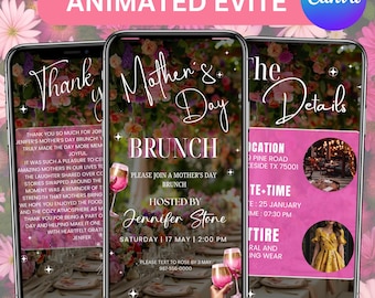 Mother’s Day Brunch Invite, Happy Mother’s Day, Boho Floral Event Itinerary, Animated Video Invitation, Mom and Mimosa's, Canva Editable
